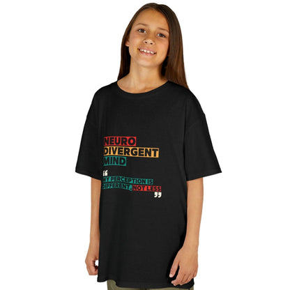 Young girl in a grey oversized t shirt with words Neurodivergent Mind My perception is different, not less on front highlighted in red, yellow and green