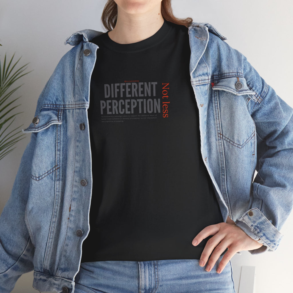 Girl in black Different Perception Not Less Neurodivergent T shirt with denim jacket