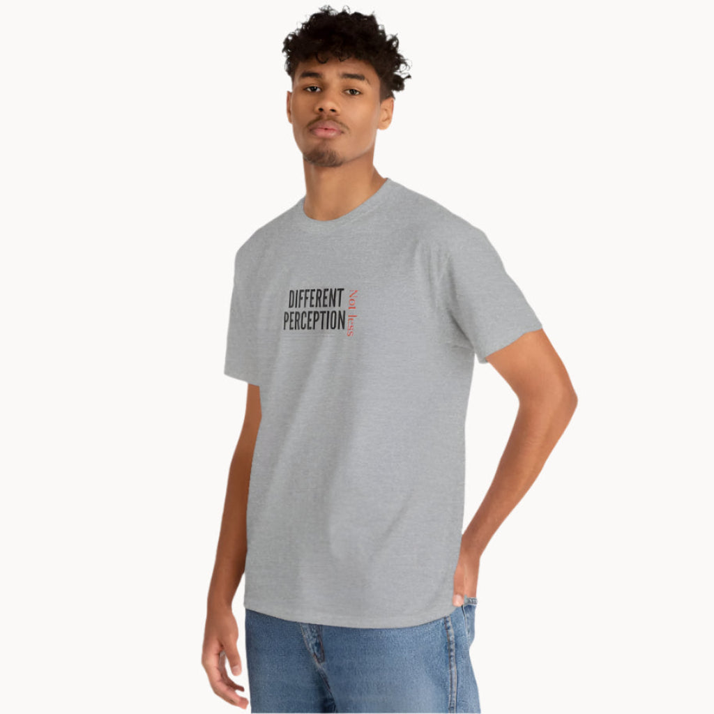 Young man in grey t shirt with words Different Perception Not Less on front
