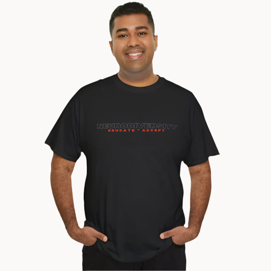 Man in black Educate Accept neurodiversity T-shirt smiling 