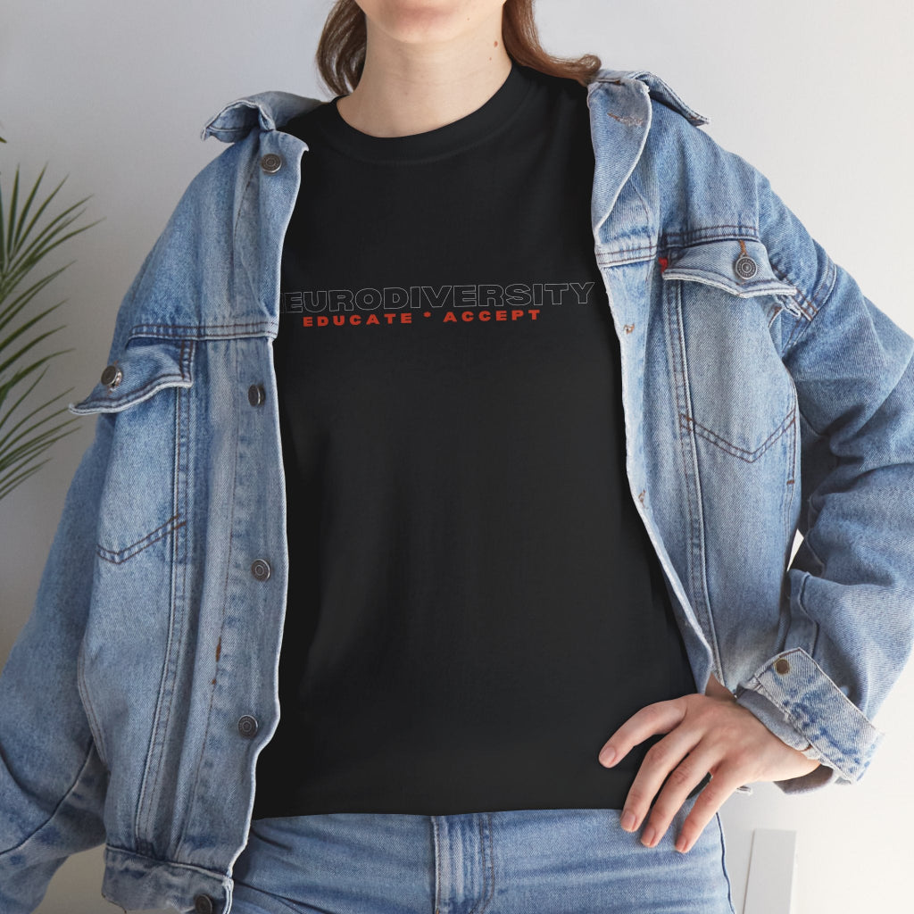 Woman in black Educate Accept neurodiversity T-shirt and denim jacket