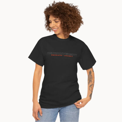 Woman in black Educate Accept neurodiversity T-shirt smiling