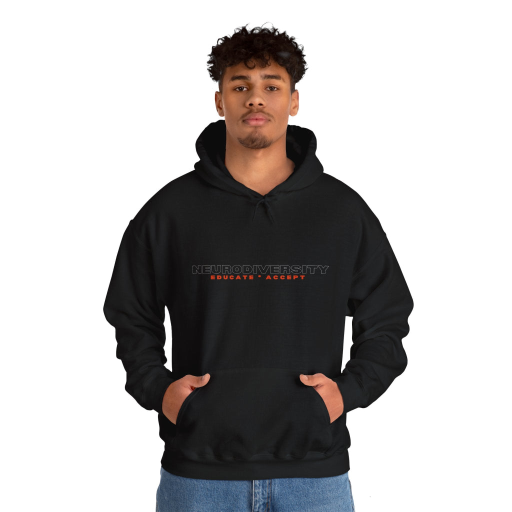 Young man in grey Educate Accept neurodiversity hoodie