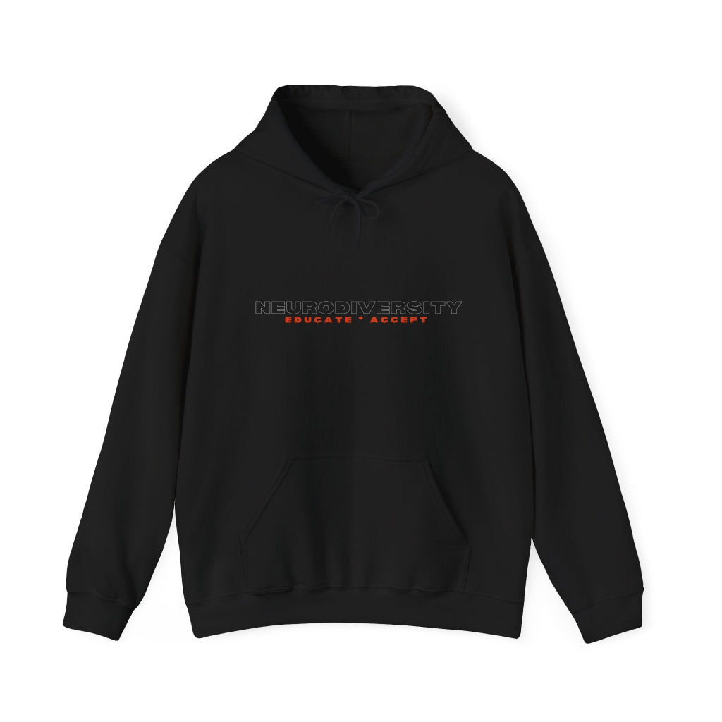 Front image Educate Accept Neurodiversity Black hoodie