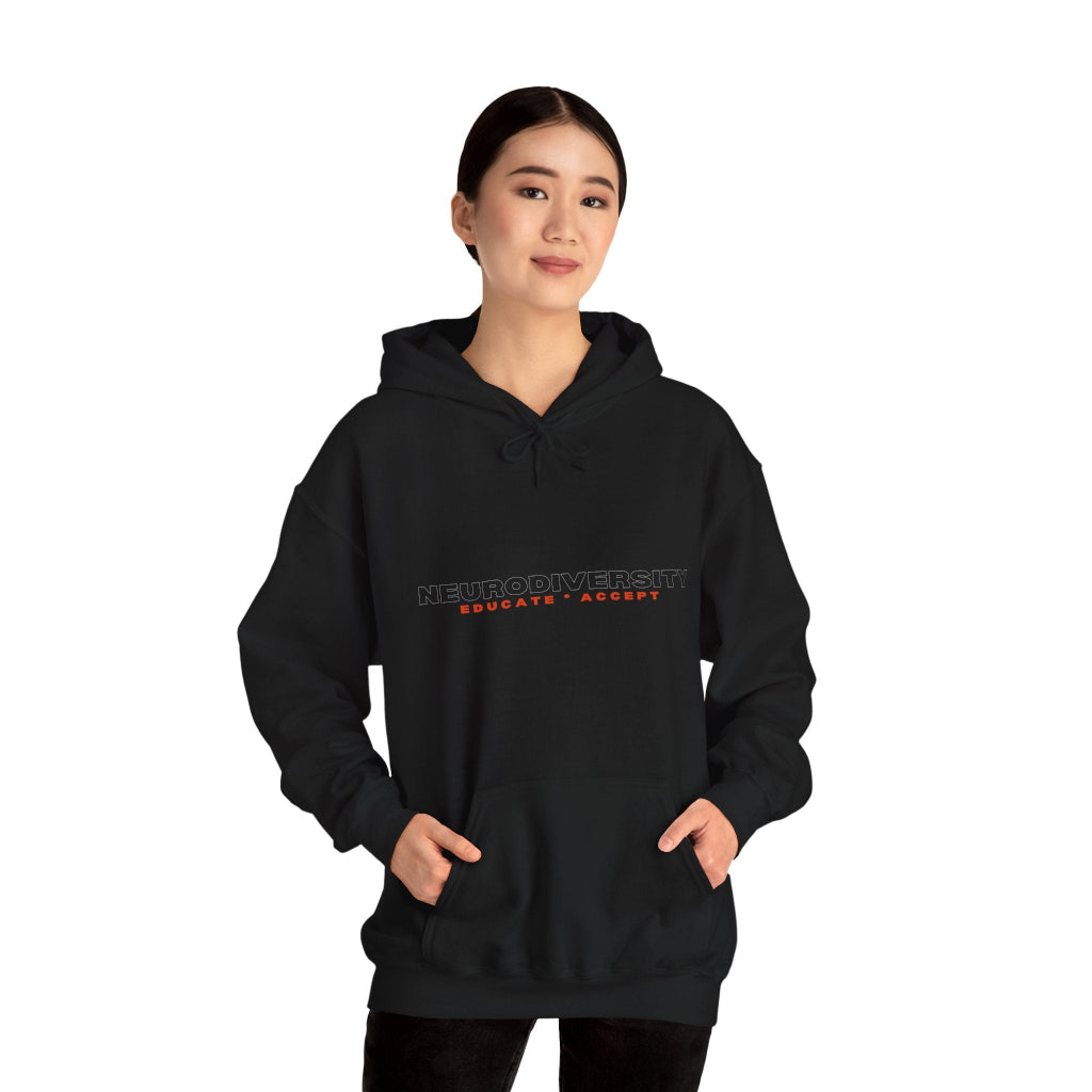 Young woman in black Educate Accept neurodiversity hoodie