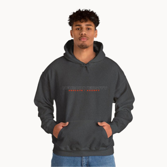 Young man in grey Educate Accept neurodiversity hoodie