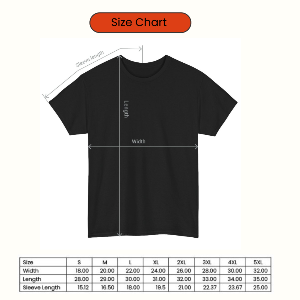 Size chart for Inclusive Swag's neurodiversity t-shirts 