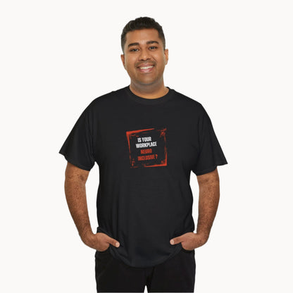 Smiling man in a Black neurodiversity T-shirt words Is your workplace neuroinclusive
