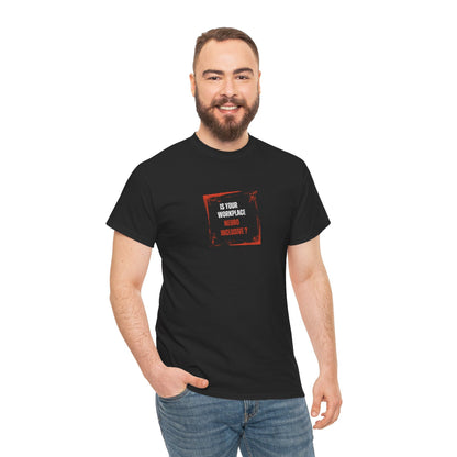 Smiling man in a Black neurodiversity T-shirt words Is your workplace neuroinclusive