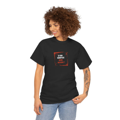 Smiling woman in a Black neurodiversity T-shirt words Is your workplace neuroinclusive