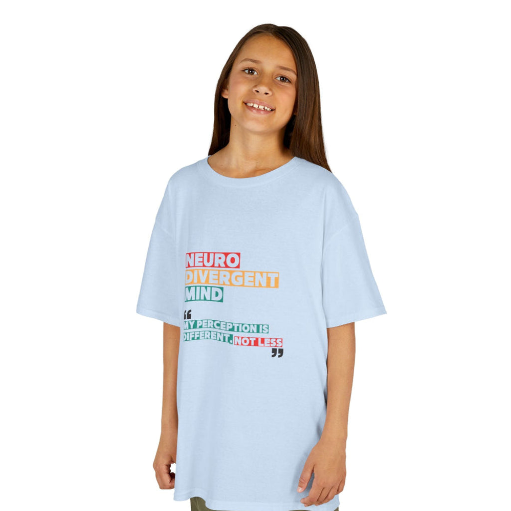 Young girl in a light blue oversized t shirt with words Neurodivergent Mind My perception is different, not less on front highlighted in red, yellow and green