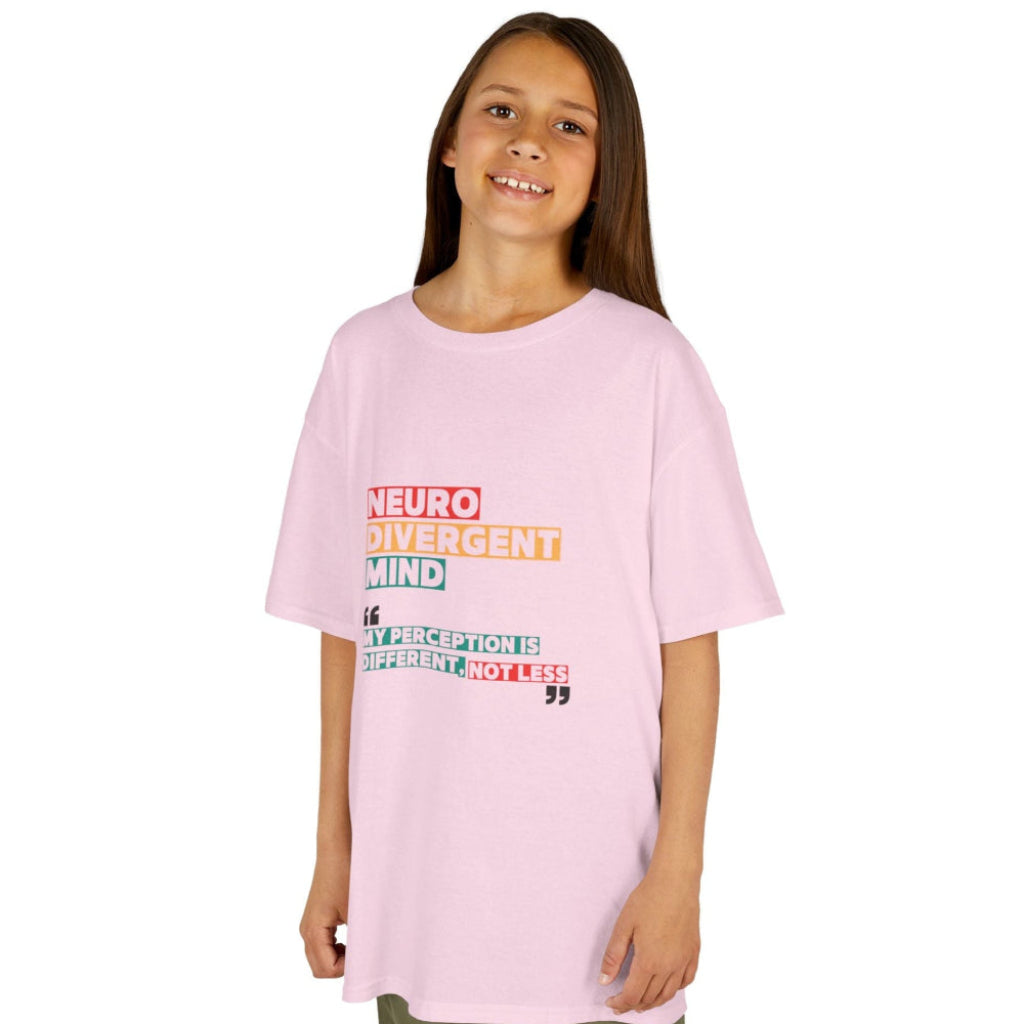 Young girl in a light pink oversized t shirt with words Neurodivergent Mind My perception is different, not less on front highlighted in red, yellow and green