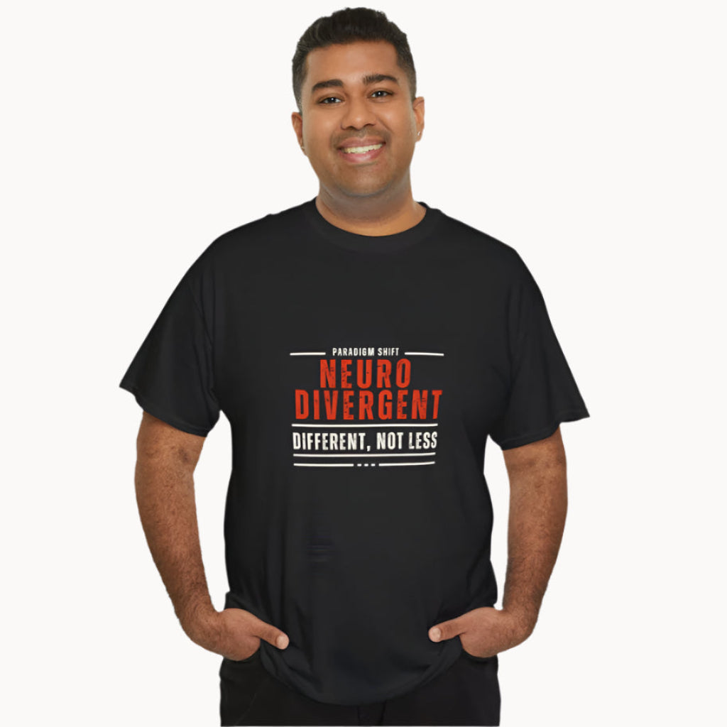 Man in a Black T-shirt with words Neurodivergent in red and Different Not Less written underneath in white 