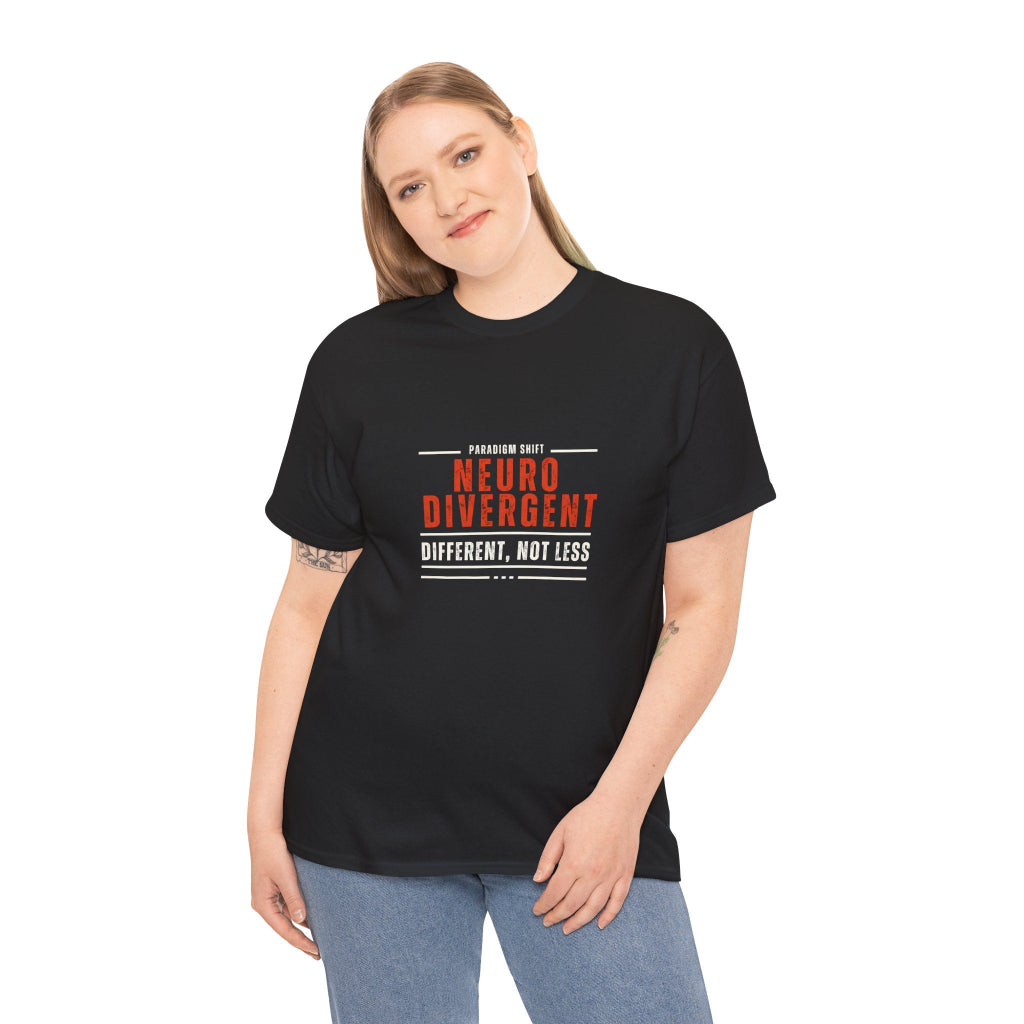 Young woman in a Black T-shirt with words Neurodivergent in red and Different Not Less written underneath in white 