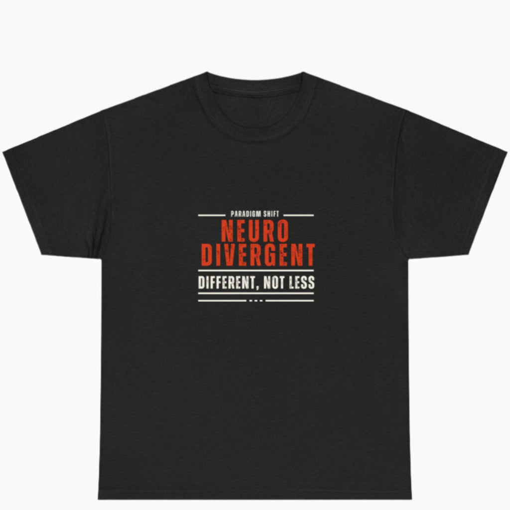 Black T-shirt with words Neurodivergent in red and Different Not Less written underneath in white