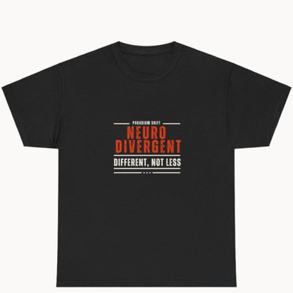 Black T-shirt with words Neurodivergent in red and Different Not Less written underneath in white