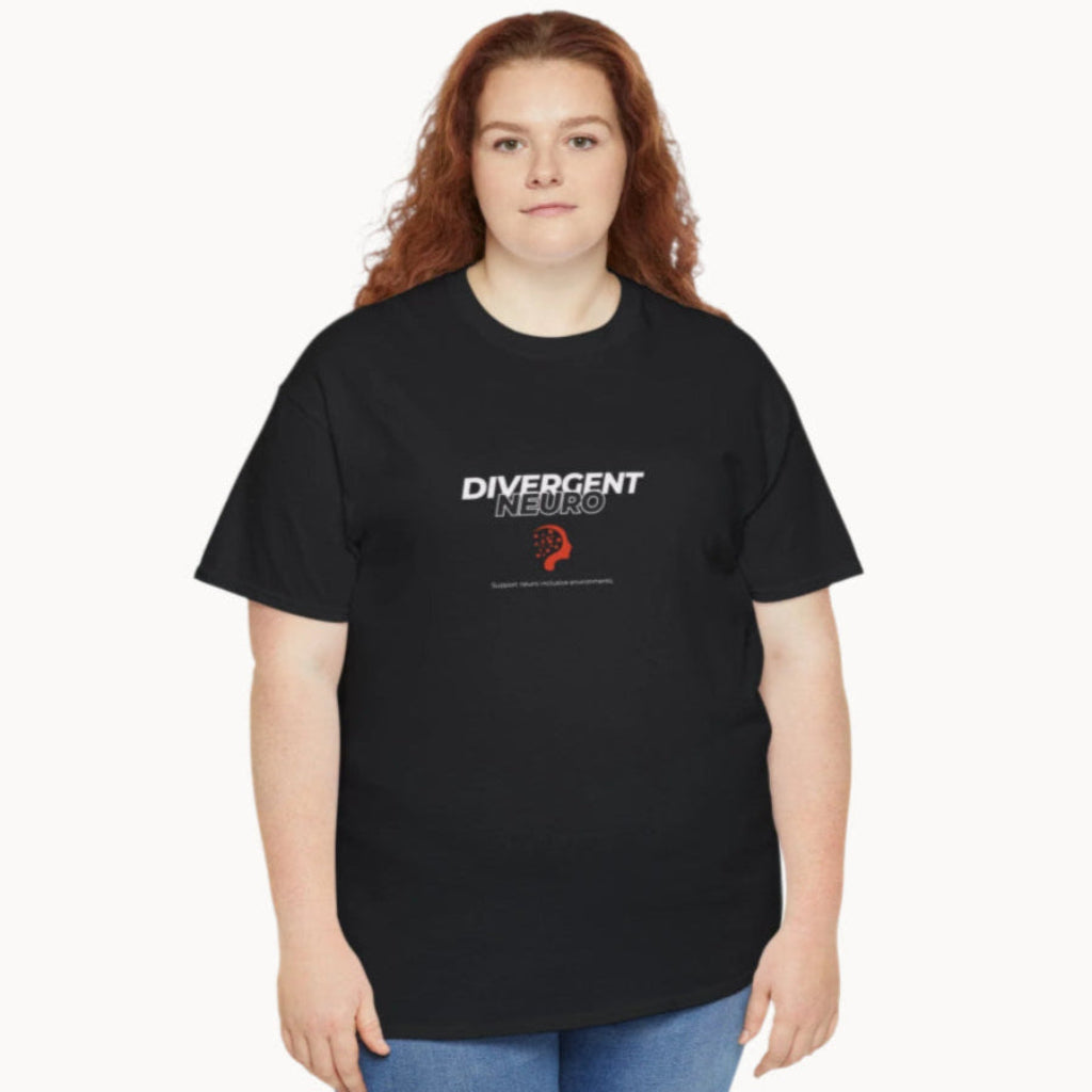Young woman in black Neurodivergent Inclusive T-shirt