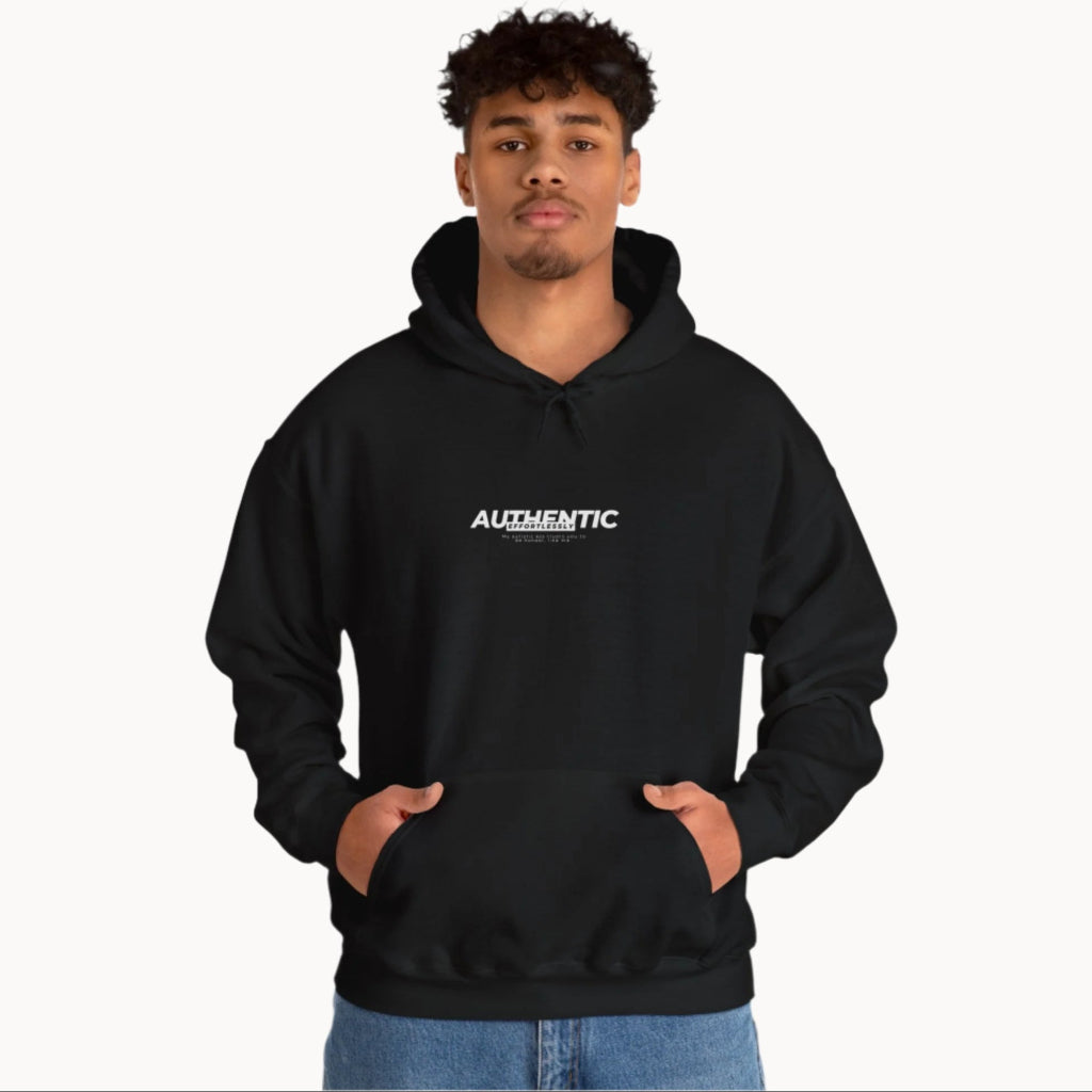 Young man in black Effortlessly Authentic Autistic Neurodiversity hoodie