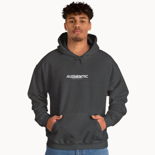 Young man in grey Effortlessly Authentic Autistic Neurodiversity hoodie