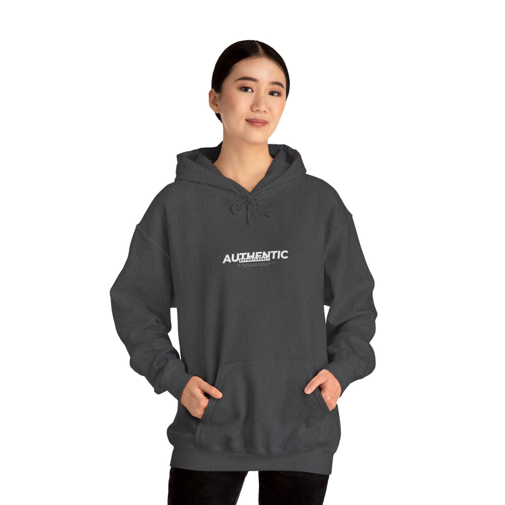 Young woman in grey Effortlessly Authentic Autistic Neurodiversity hoodie