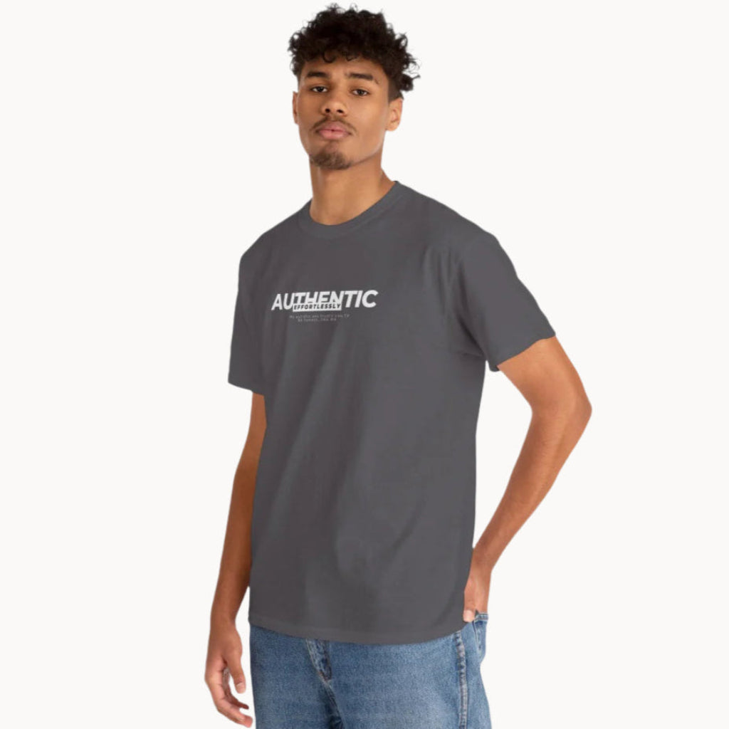 Young man in Effortlessly Authentic Autistic grey Neurodiversity t shirt