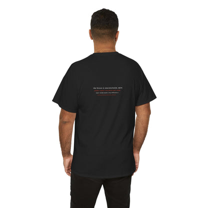 Man with his back to the camera in a plain black t-shirt with the words 'The future is neuroinclusive mate your volume makes a difference' written on the back of the tee