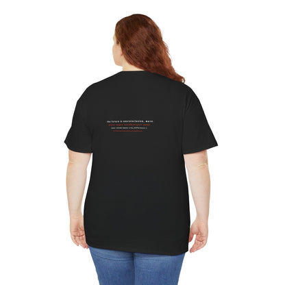 Woman with her back to the camera in a plain black t-shirt with the words 'The future is neuroinclusive mate your volume makes a difference' written on the back of the tee
